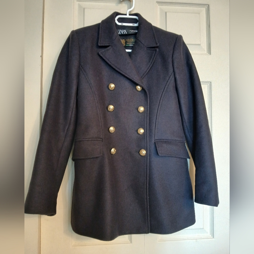 Zara Manteco Women's Double-Breasted Navy Blue Pea Coat, Size M
